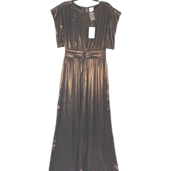 Misa Los Angeles Sophia Jumpsuit Metallic Bronze Pleated Wide Leg V-Neck Holiday - Picture 2 of 6